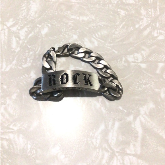 Hard rock spell out men’s silver tone chain link bracelet - Picture 2 of 7